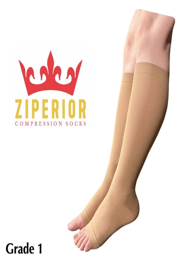 Ziperior جوارب ضاغطة مفتوحة الأصابع من زيبيريور، ضغط 15-20 مم زئبق، لتخفيف آلام ربلة الساق، مزودة بسحاب داخلي (لون بيج، مقاس 3XL) - Image 2
