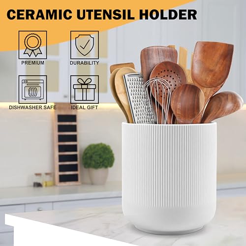 RedCall Kitchen Utensils Holder Large,Ceramic Utensil Organizer for Countertop,Morden Utensil Crock for Spoon Spatula,Home Kitchen Decor (White) - Image 2