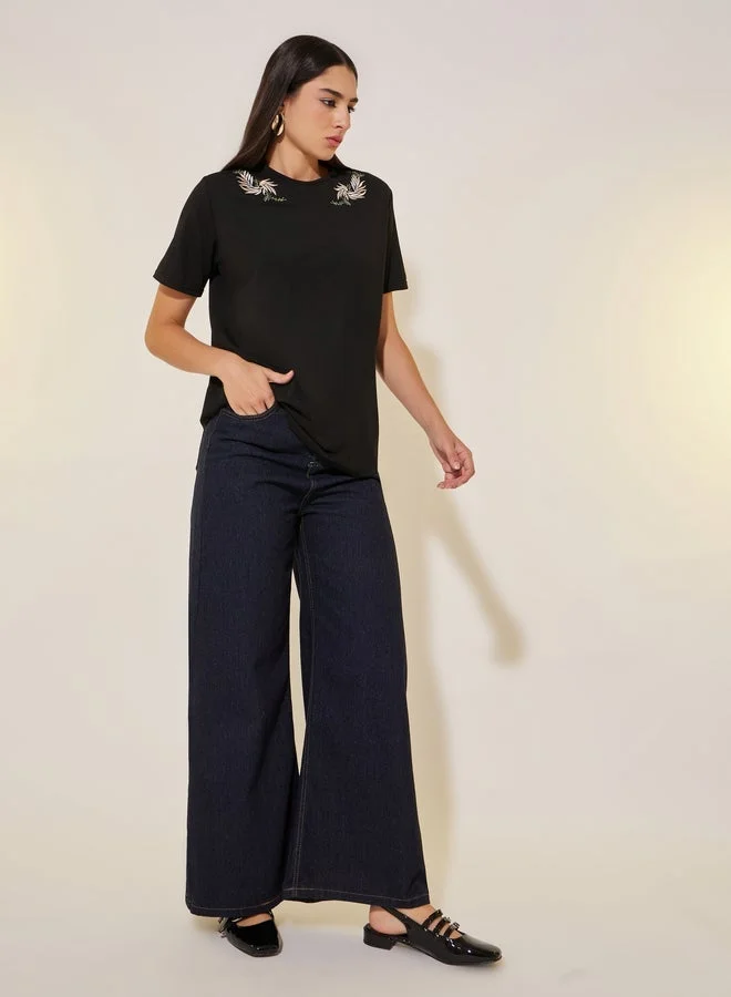 Take Two Embroidered Round Neck Short Sleeves T-Shirt