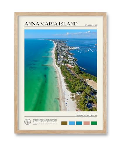 HesenDot Natural OAK Wood Framed Anna Maria Island Wall Art12x16in Florida Seascape Canvas Wall PrintClassic Urban Landmark Wall Decor for Living Room BedroomOffice Gallery Set of 1 - Image 1