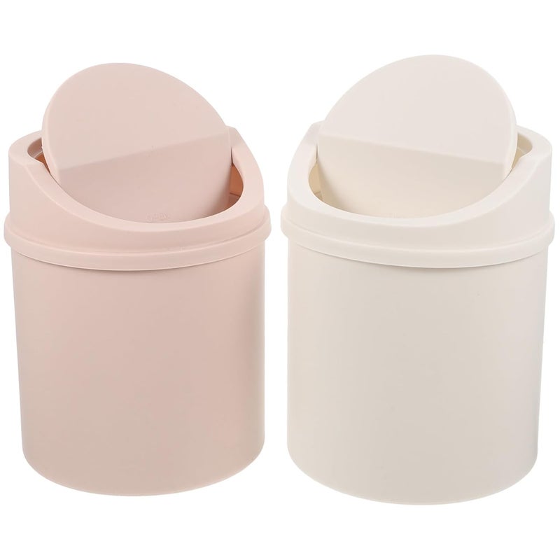 2pcs Small Desktop Waste Bins with Lid, White and Light Pink Mini Garbage Cans for Home Office, Compact Table Trash Cans for Living Room and Bedroom Use - Image 1