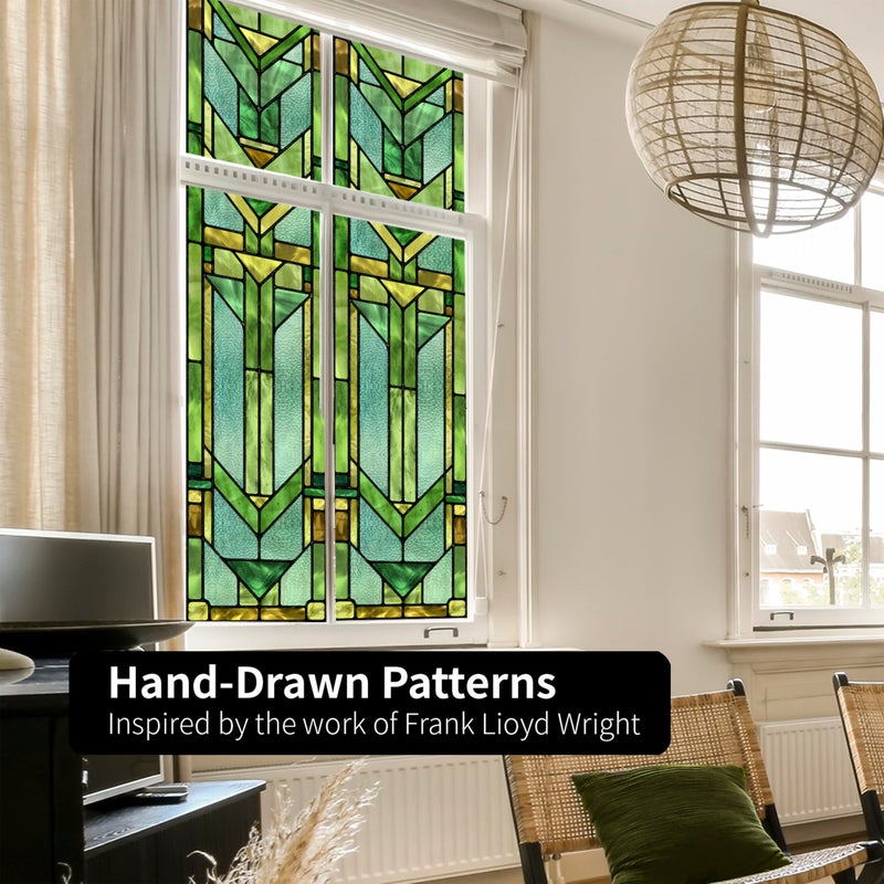 ChicSkin Original Hand Drawn Faux Stained Glass Window Film, Double-Sided Privacy Static Film, Vibrant Chartreuse Geometry Patterns Inspired by Hollyhock House Peep Proof 16.93"X84.65" - Image 5
