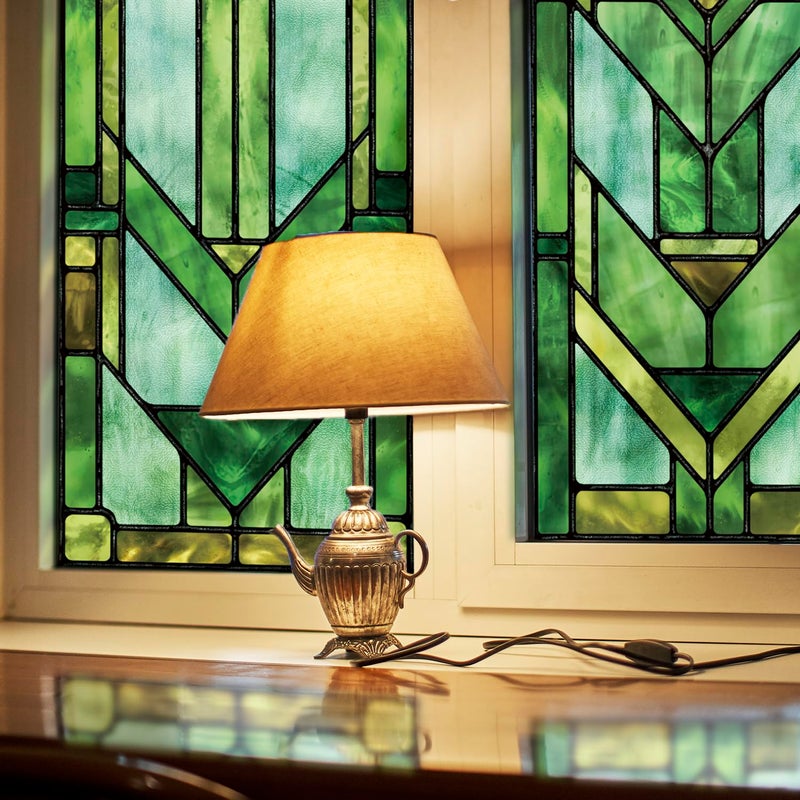 ChicSkin Original Hand Drawn Faux Stained Glass Window Film, Double-Sided Privacy Static Film, Vibrant Chartreuse Geometry Patterns Inspired by Hollyhock House Peep Proof 16.93"X84.65" - Image 1