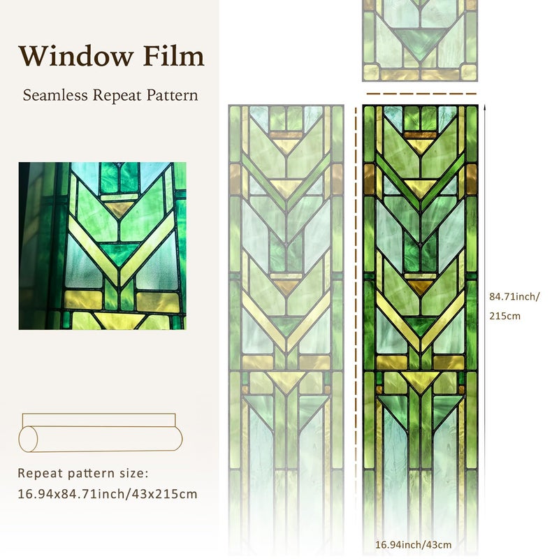 ChicSkin Original Hand Drawn Faux Stained Glass Window Film, Double-Sided Privacy Static Film, Vibrant Chartreuse Geometry Patterns Inspired by Hollyhock House Peep Proof 16.93"X84.65" - Image 4