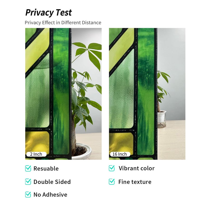 ChicSkin Original Hand Drawn Faux Stained Glass Window Film, Double-Sided Privacy Static Film, Vibrant Chartreuse Geometry Patterns Inspired by Hollyhock House Peep Proof 16.93"X84.65" - Image 3