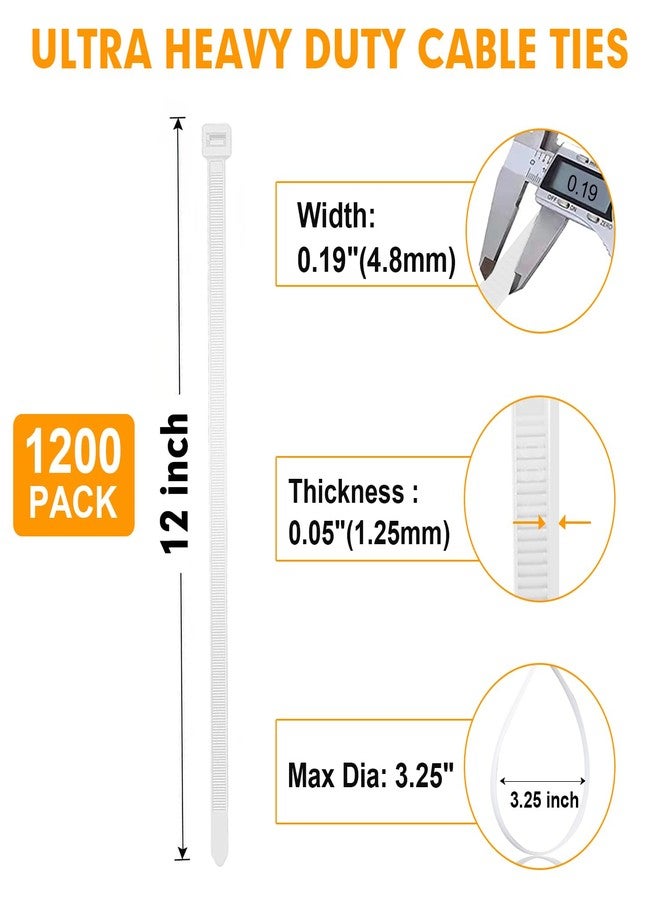RAZCC Zip Ties, 1200pcs Cable Zip Ties 12 Inch, Heavy Duty White Plastic Wire Ties with 50lb Tensile Strength, Self-Locking Nylon Cable Ties, Wire Management for Indoor and Outdoor - Image 2