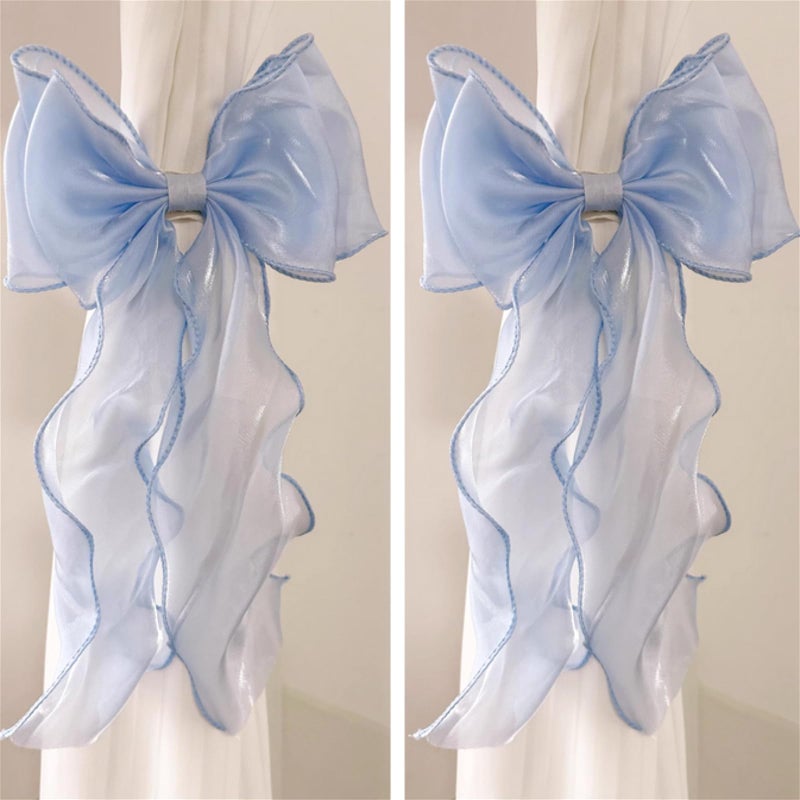 RandomParty 2 Pack French Silky Bow Curtain Tiebacks, Elegant Lace Ribbon for Curtains Decorative Rope Accessories Home Décor (Blue,2) - Image 1