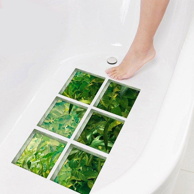 ChezMax Bath Treads Stickers Tropical Forest Pattern Square 3D Adhesive Anti Slip Tub Tattoos Safety Decals Mat Waterproof Shower Tub Sticker Bathtub Appliques for Bath Pools Home Decor 5.9" X 5.9" - Image 1