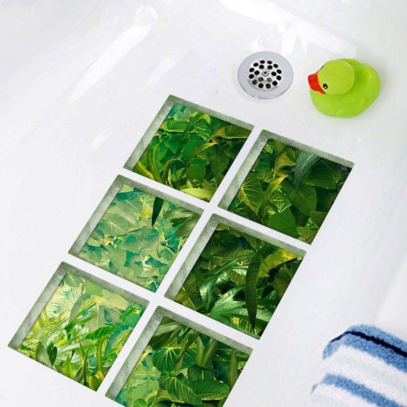 ChezMax Bath Treads Stickers Tropical Forest Pattern Square 3D Adhesive Anti Slip Tub Tattoos Safety Decals Mat Waterproof Shower Tub Sticker Bathtub Appliques for Bath Pools Home Decor 5.9" X 5.9" - Image 2