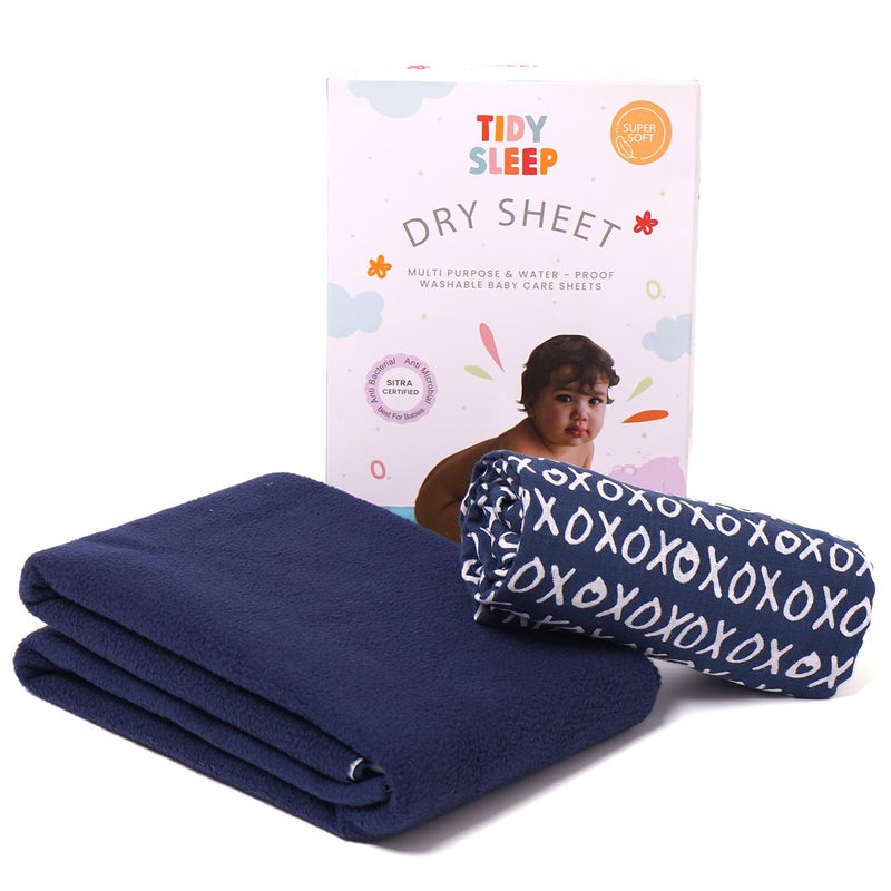 TIDY SLEEP شريحة جافة مقاومة للماء للأطفال مع لفافة موسلين للمواليد الجدد باللون الأزرق الداكن الكبير (XOXO) - Image 1