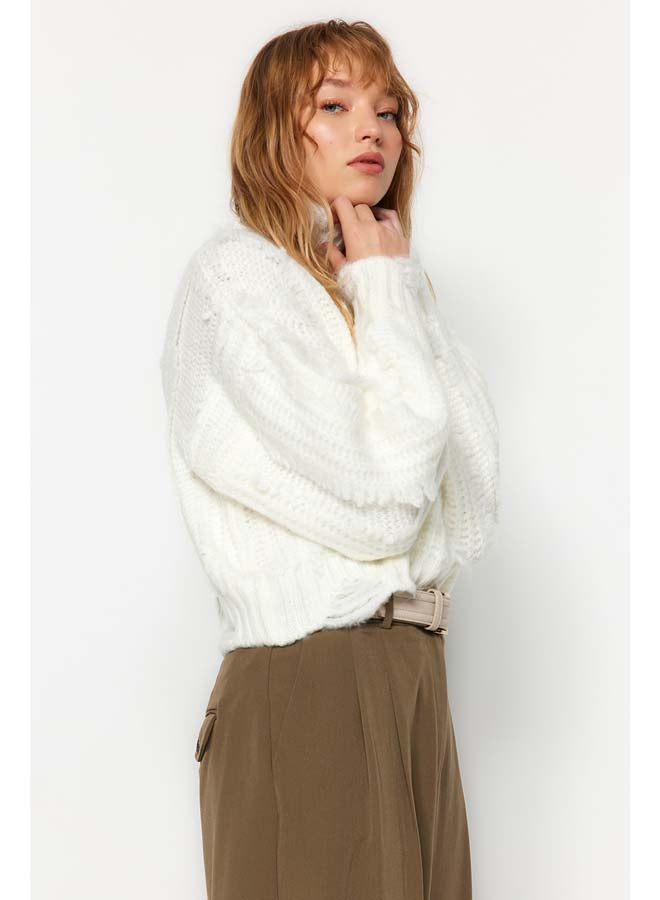 trendyol Ecru Crop Soft Textured Turtleneck Knitwear Sweater TWOAW24KZ00215 - Image 2