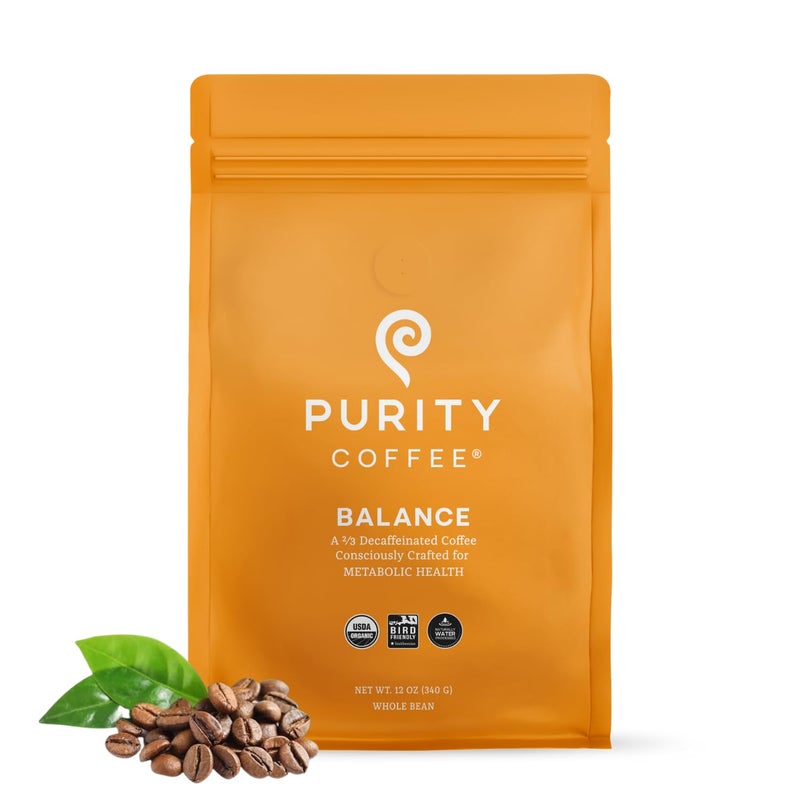 Purity Coffee BALANCE 2/3 Decaf Medium Roast Whole Bean (12oz Bag) | Specialty-Grade USDA Organic Mountain Water Decaffeinated + Arabica Blend | Third Party Tested for Mold, Mycotoxins & Pesticides - Image 1