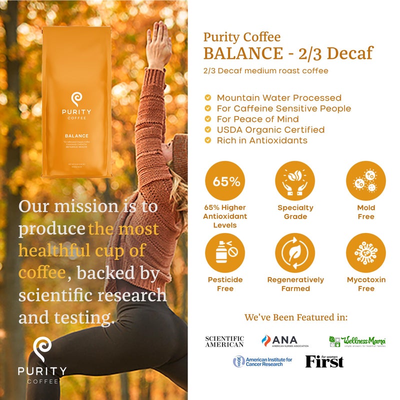 Purity Coffee BALANCE 2/3 Decaf Medium Roast Whole Bean (12oz Bag) | Specialty-Grade USDA Organic Mountain Water Decaffeinated + Arabica Blend | Third Party Tested for Mold, Mycotoxins & Pesticides - Image 2