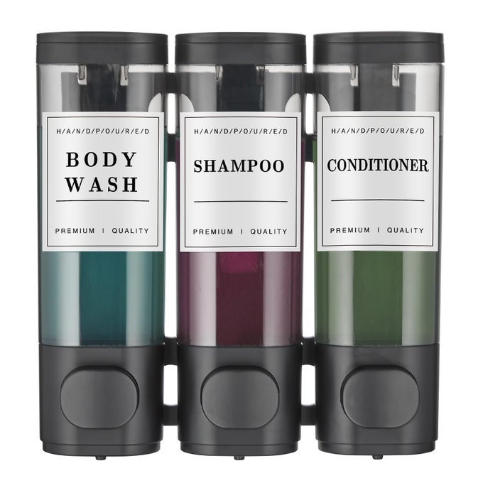SHAMPOO AND CONDITIONER DISPENSER SHOWER DISPENSER BODY WASH WALL MOUNTED SHAMPOO DISPENSER FOR SHOWER WALL NO DRILL FOR BATHROOM HOTEL 3 CHAMBER X 300ML BLACK WITH WATERPROOF LABELS