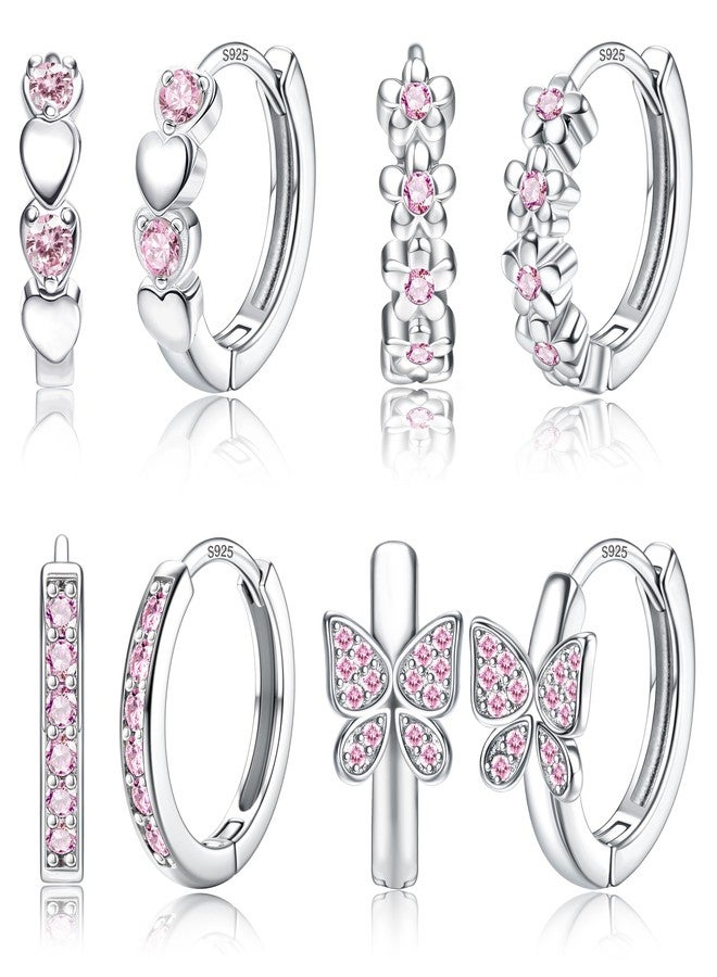 Yadoca 𝟗𝟐𝟓 𝐒𝐭𝐞𝐫𝐥𝐢𝐧𝐠 𝐒𝐢𝐥𝐯𝐞𝐫 𝐏𝐨𝐬𝐭 Small Hoop Earrings For Girls Hypoallergenic Huggie Earrings for Women - Cute Heart Flowers Butterfly Star Cubic Zirconia Cartilage Earrings For Sensitive Ears Pink 4Pairs - Image 1