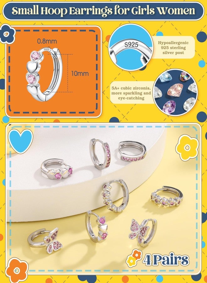 Yadoca 𝟗𝟐𝟓 𝐒𝐭𝐞𝐫𝐥𝐢𝐧𝐠 𝐒𝐢𝐥𝐯𝐞𝐫 𝐏𝐨𝐬𝐭 Small Hoop Earrings For Girls Hypoallergenic Huggie Earrings for Women - Cute Heart Flowers Butterfly Star Cubic Zirconia Cartilage Earrings For Sensitive Ears Pink 4Pairs - Image 5