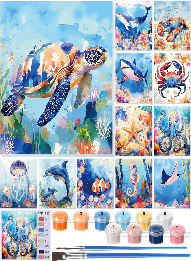 نيزيو مجموعة نيزيو المكونة من 12 لوحة رسم بالأرقام مع إطار، مناسبة للمبتدئين من البالغين، لوحة رسم أكريليك بالأرقام يمكنك صنعها بنفسك لحفلات الرسم، وأنشطة صفية، وهدية عيد ميلاد، مقاس 8 × 8 بوصة (مخلوقات بحرية). - Image 1