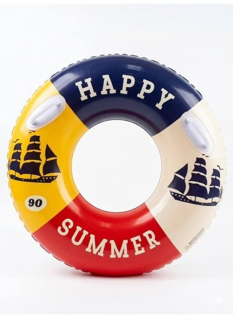 Nautical Inflatable Swim Ring Size 90 with Safety Handles - Durable Water Float for Kids & Teens Age 4-12 Years - Happy Summer Ship Design - Image 1