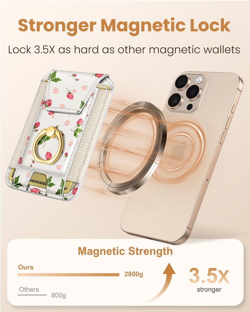 Shorogyt Compatible with Magsafe Wallet with Ring Stand Grip - Cute Magnetic Phone Wallets Card Holder for iPhone 17/16/15/14/13/12 Series for Women Girls Watercolor Strawberry Design, Fit 7 Cards - Image 3