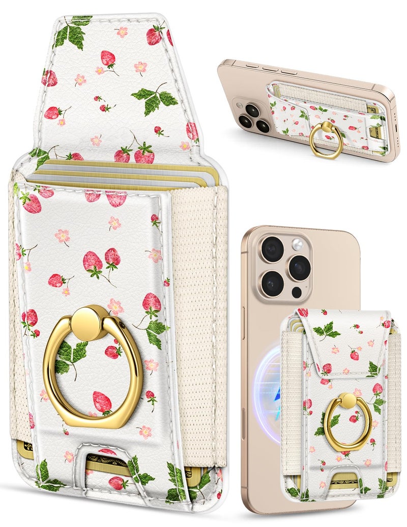 Shorogyt Compatible with Magsafe Wallet with Ring Stand Grip - Cute Magnetic Phone Wallets Card Holder for iPhone 17/16/15/14/13/12 Series for Women Girls Watercolor Strawberry Design, Fit 7 Cards - Image 1