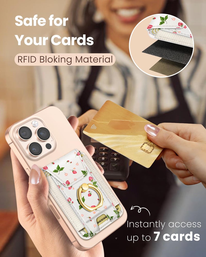Shorogyt Compatible with Magsafe Wallet with Ring Stand Grip - Cute Magnetic Phone Wallets Card Holder for iPhone 17/16/15/14/13/12 Series for Women Girls Watercolor Strawberry Design, Fit 7 Cards - Image 5