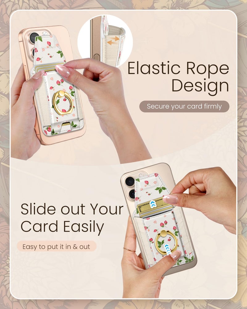 Shorogyt Compatible with Magsafe Wallet with Ring Stand Grip - Cute Magnetic Phone Wallets Card Holder for iPhone 17/16/15/14/13/12 Series for Women Girls Watercolor Strawberry Design, Fit 7 Cards - Image 4