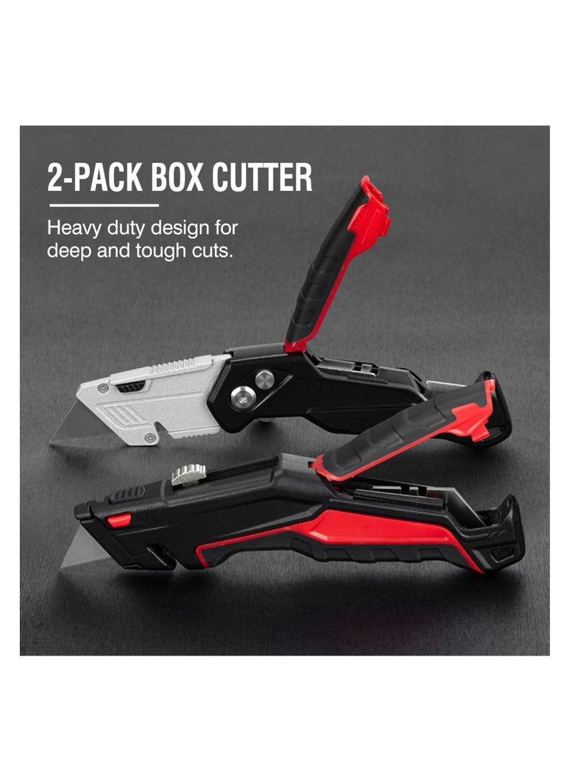 SYOSI - 2-Pack Utility Knife Box Cutter Set - Retractable & Folding Razor Knife with 20 Extra SK5 Sharp Blades, Red - Image 1