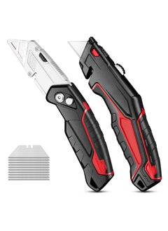 2-Pack Utility Knife Box Cutter Set - Retractable & Folding Razor Knife with 20 Extra SK5 Sharp Blades, Red
