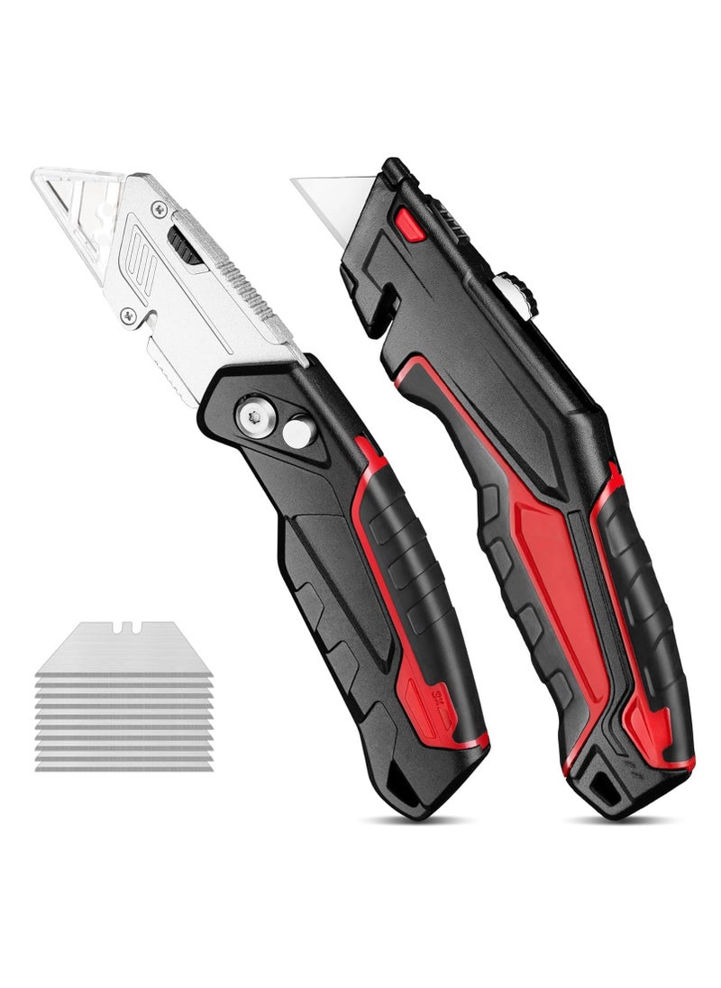 SYOSI - 2-Pack Utility Knife Box Cutter Set - Retractable & Folding Razor Knife with 20 Extra SK5 Sharp Blades, Red - Image 1