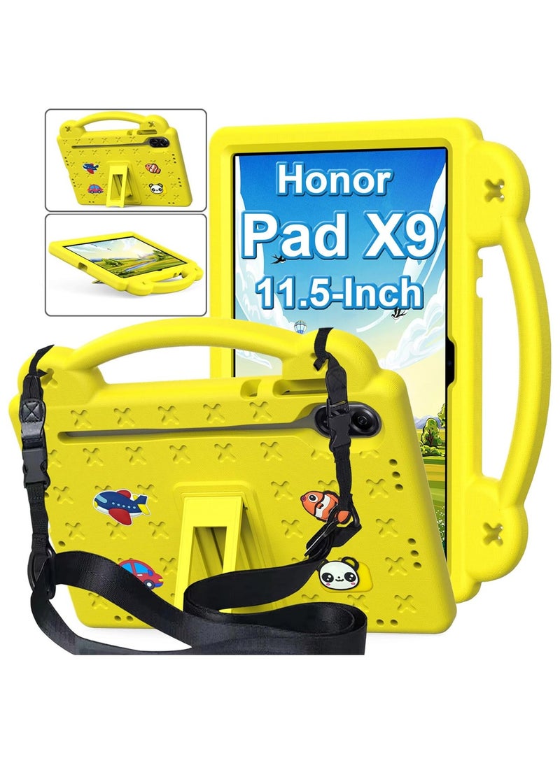 VKL Case Compatible with Honor Pad X9 11.5 Inch, DIY Accessories for Kids, Shockproof Case with [Pencil Holder] [Shoulder Strap] [Handle Stand], Yellow - Image 1