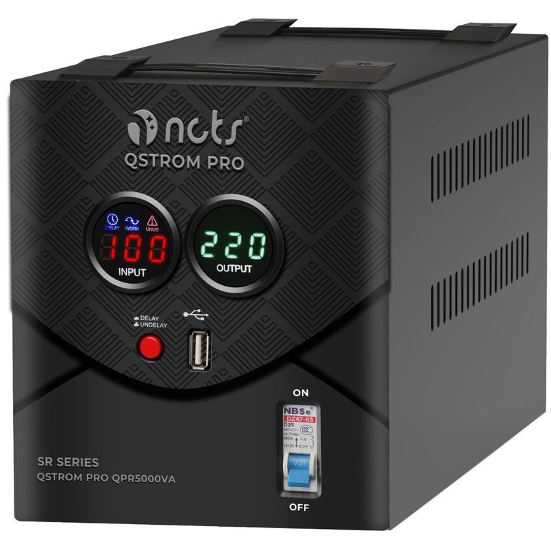 NCTS منظم جهد أوتوماتيكي NCTS QSTROM PRO QPR5000VA (5000VA/4000W) مثبت عالي الأداء، نظام حماية، شاشة LED للعداد، منفذ USB، تحكم CPU، منظم جهد ثقيل للاستخدام المنزلي والمكتبي. - Image 1