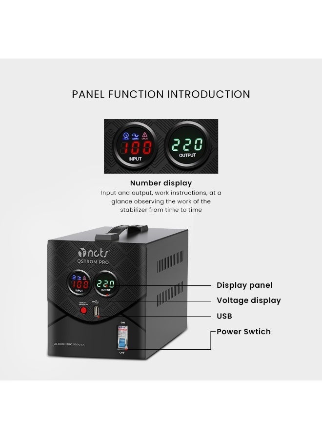 NCTS منظم جهد أوتوماتيكي NCTS QSTROM PRO QPR5000VA (5000VA/4000W) مثبت عالي الأداء، نظام حماية، شاشة LED للعداد، منفذ USB، تحكم CPU، منظم جهد ثقيل للاستخدام المنزلي والمكتبي. - Image 2