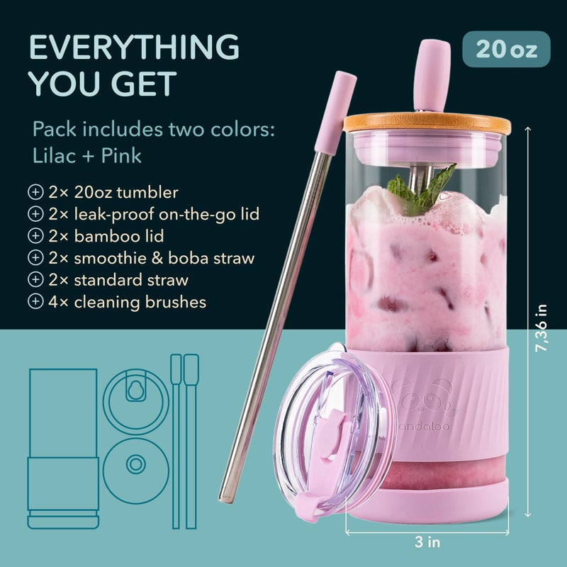 PandalooÂ® Glass Cups With Lids and Straws -20 Fl Oz- Perfect Size Iced Coffee Cup - Smoothie Cup With Bamboo Lid and On the go Lid - Glass Tumbler (2 Count (Pack of 1), Lilac-Pink) - Image 2