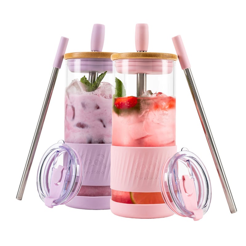 PandalooÂ® Glass Cups With Lids and Straws -20 Fl Oz- Perfect Size Iced Coffee Cup - Smoothie Cup With Bamboo Lid and On the go Lid - Glass Tumbler (2 Count (Pack of 1), Lilac-Pink) - Image 1