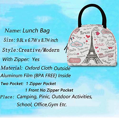 ZzWwR Cute Collection Paris Eiffel Tower Symbols Reusable Lunch Tote Bag with Front Pocket Zipper Closure Insulated Thermal Cooler Container Bag for Man Women Work Picnic Travel Beach Fishing - Image 3