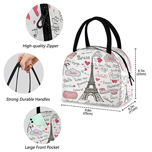 ZzWwR Cute Collection Paris Eiffel Tower Symbols Reusable Lunch Tote Bag with Front Pocket Zipper Closure Insulated Thermal Cooler Container Bag for Man Women Work Picnic Travel Beach Fishing - Image 2