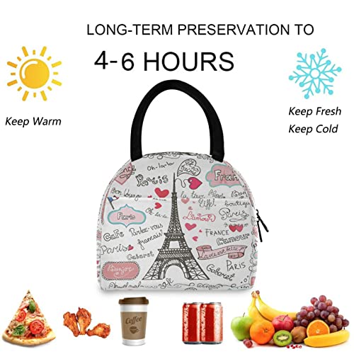 ZzWwR Cute Collection Paris Eiffel Tower Symbols Reusable Lunch Tote Bag with Front Pocket Zipper Closure Insulated Thermal Cooler Container Bag for Man Women Work Picnic Travel Beach Fishing - Image 5