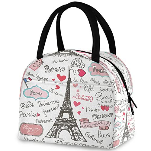 ZzWwR Cute Collection Paris Eiffel Tower Symbols Reusable Lunch Tote Bag with Front Pocket Zipper Closure Insulated Thermal Cooler Container Bag for Man Women Work Picnic Travel Beach Fishing - Image 1