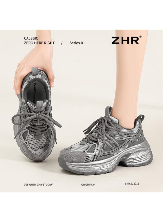 Zhr Dad Shoes For Women, Thick-soled Height-increasing Casual Shoes, Retro Versatile Lightweight Sports Shoes For Women, Qt20, Gray, Size 35 - Image 1