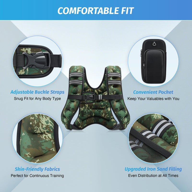 ZELUS Weighted Vest, 6lb/8lb/12lb/16lb/20lb/25lb/30lb Weight Vest for Men Women with Storage Pocket Reflective Strips for Workout Strength Training Running Muscle Building, Green Camo (12 lb) - Image 2