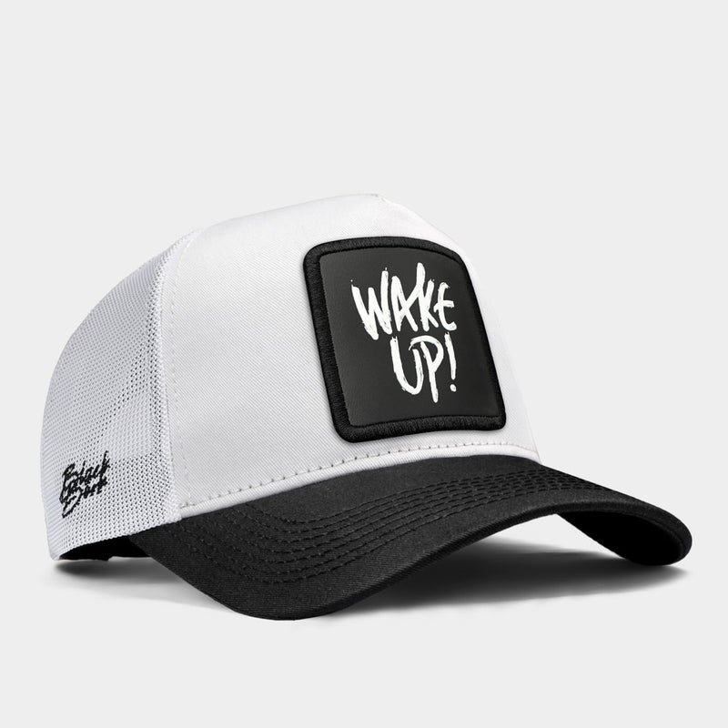 Black Börk V1 Trucker Wake Up - Unisex Black Peaked-White Hat with 3 Code Logo  - Image 1