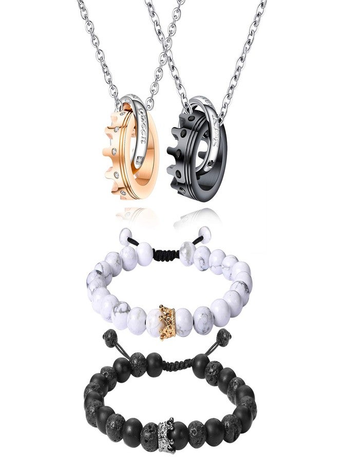 Cupimatch 2 Pairs Couple Matching Necklace Bracelets Set, Stainless Steel Adjustable King CZ Crown Ring Pendant Chain Necklace His and Hers Matte Agate Beads Bangle Jewelry for Valentine's Day - Image 1