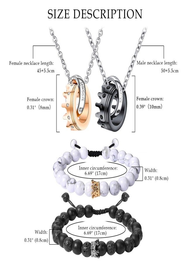 Cupimatch 2 Pairs Couple Matching Necklace Bracelets Set, Stainless Steel Adjustable King CZ Crown Ring Pendant Chain Necklace His and Hers Matte Agate Beads Bangle Jewelry for Valentine's Day - Image 3
