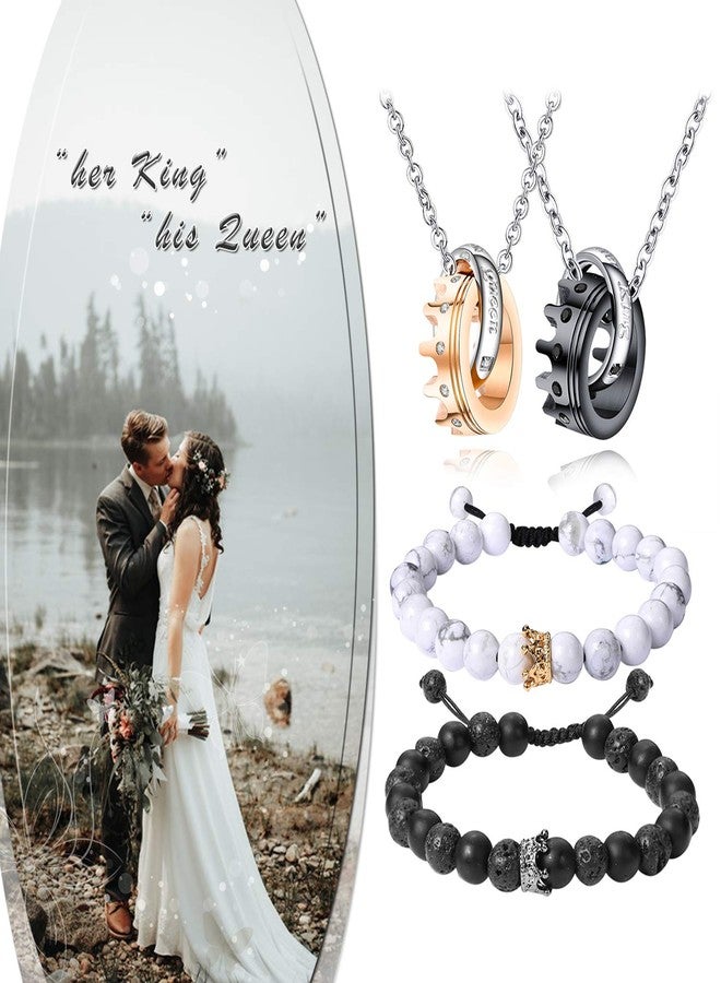 Cupimatch 2 Pairs Couple Matching Necklace Bracelets Set, Stainless Steel Adjustable King CZ Crown Ring Pendant Chain Necklace His and Hers Matte Agate Beads Bangle Jewelry for Valentine's Day - Image 2