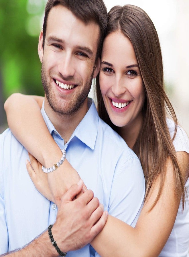 Cupimatch 2 Pairs Couple Matching Necklace Bracelets Set, Stainless Steel Adjustable King CZ Crown Ring Pendant Chain Necklace His and Hers Matte Agate Beads Bangle Jewelry for Valentine's Day - Image 5