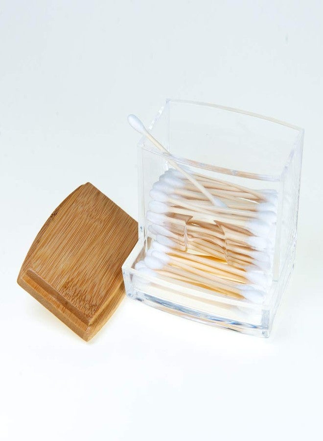 NAGU Acrylic Qtip Holder with Bamboo Lid, Clear Small Cotton Swab Dispenser, Plastic Ear Stick Swabs Holder, Square Toothpick Storage Container, Bathroom Countertop Decorative Storage Organizer - Image 2