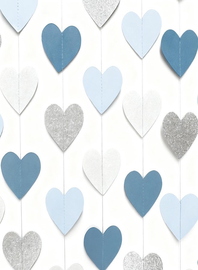 pinkblume Silver Blue White Heart Party Decorations Dusty Blue Glitter Paper Silver White Love Heart Hanging Garland Streamer Banner for Birthday Baby Shower Valentines Day Anniversary Wedding Party Supplies - Image 3