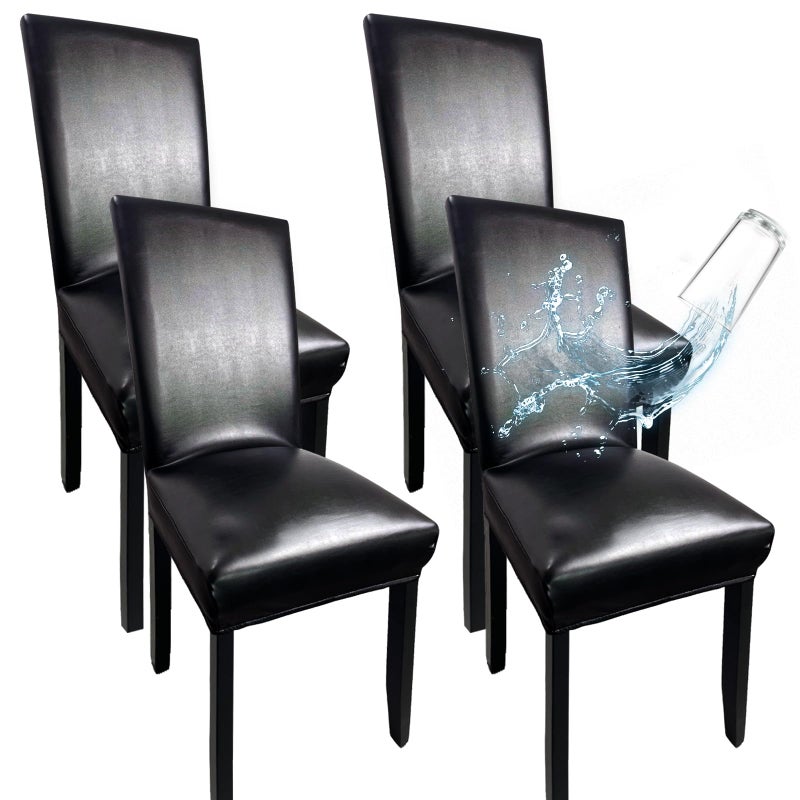WUSOUPU Leather Chair Covers for Dining Chairs Set of 4, Super Stretch Waterproof Kitchen Chair Covers Thickened Washable Dining Chair Slipcovers Black Chair Seat Covers for Dining/Kitchen/Banquet - Image 1