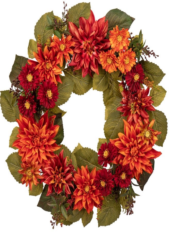 Arborus 24" Artificial Christmas Wreath for Front Door Flower Wreath with Burgundy Dahlia and Mums Christmas Decorations for Home Farmhouse Wall Mantel Décor - Image 1