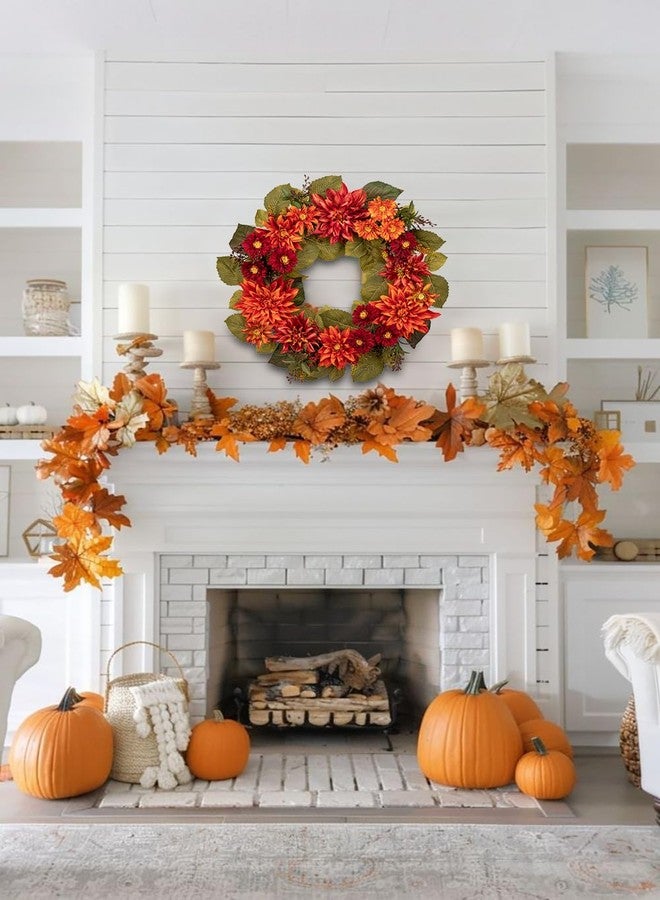 Arborus 24" Artificial Christmas Wreath for Front Door Flower Wreath with Burgundy Dahlia and Mums Christmas Decorations for Home Farmhouse Wall Mantel Décor - Image 5